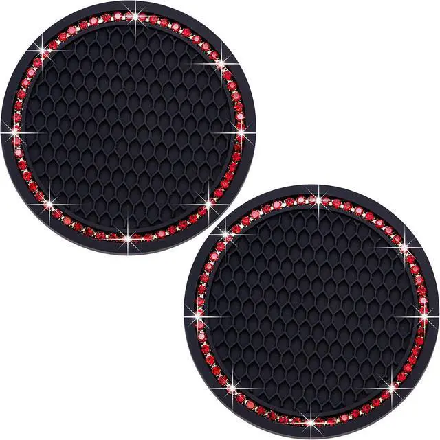 Main image of 2PCS Bling Cup Holder Coaster, 2.75 Inch Auto Car Cup Holder Insert Coasters, Soft Silicone Anti-Slip Shockproof, Universal Vehicle Interior Accessories for Women Girls (Black & Red)