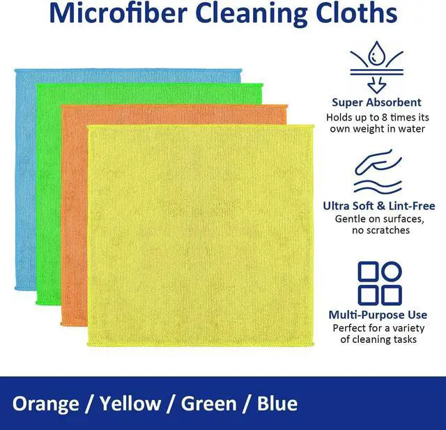 Alt view image 2 of 6 - Microfiber Cleaning Cloths (12-Pack), 14" x 14", Ultra Absorbent, Lint-Free, Streak-Free, Reusable, Ideal for Car, Kitchen, Window, and Household Cleaning (Orange/Yellow/Green/Blue)