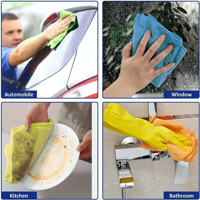 Alt view image 5 of 6 - Microfiber Cleaning Cloths (12-Pack), 14" x 14", Ultra Absorbent, Lint-Free, Streak-Free, Reusable, Ideal for Car, Kitchen, Window, and Household Cleaning (Orange/Yellow/Green/Blue)