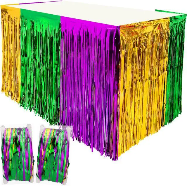 Main image of 2Pack Mardi Gras Fringe Table Skirt, 2.5 x 9 ft | Mardi Gras Decorations, Green Purple Gold Metallic Tinsel Foil Fringe Curtains, Birthday Table Photo Background