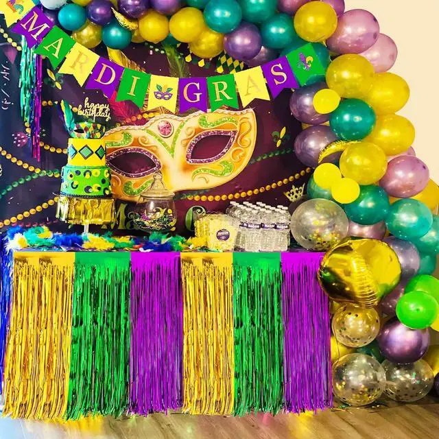 Alt view image 2 of 7 - 2Pack Mardi Gras Fringe Table Skirt, 2.5 x 9 ft | Mardi Gras Decorations, Green Purple Gold Metallic Tinsel Foil Fringe Curtains, Birthday Table Photo Background
