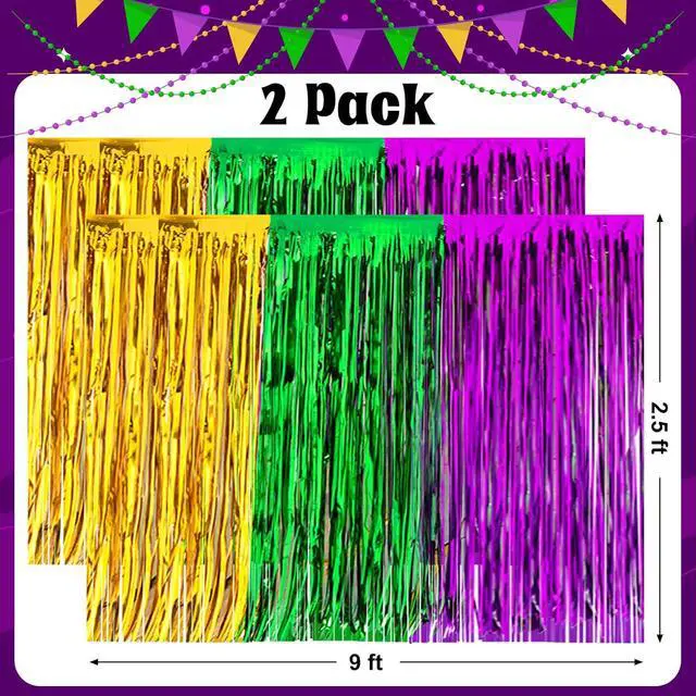 Alt view image 6 of 7 - 2Pack Mardi Gras Fringe Table Skirt, 2.5 x 9 ft | Mardi Gras Decorations, Green Purple Gold Metallic Tinsel Foil Fringe Curtains, Birthday Table Photo Background