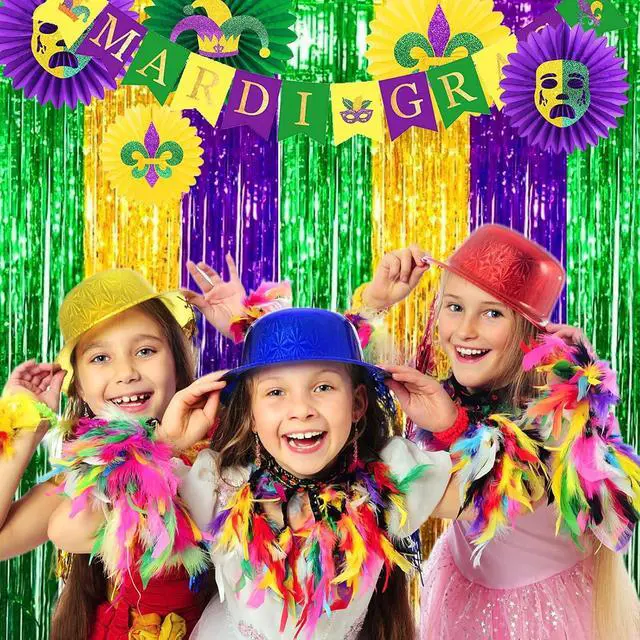 Alt view image 5 of 7 - 2Pack Mardi Gras Fringe Table Skirt, 2.5 x 9 ft | Mardi Gras Decorations, Green Purple Gold Metallic Tinsel Foil Fringe Curtains, Birthday Table Photo Background