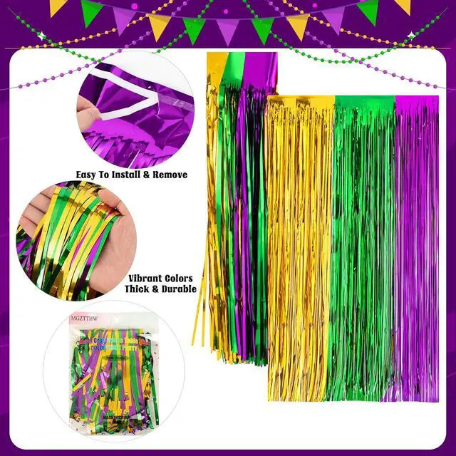 Alt view image 7 of 7 - 2Pack Mardi Gras Fringe Table Skirt, 2.5 x 9 ft | Mardi Gras Decorations, Green Purple Gold Metallic Tinsel Foil Fringe Curtains, Birthday Table Photo Background