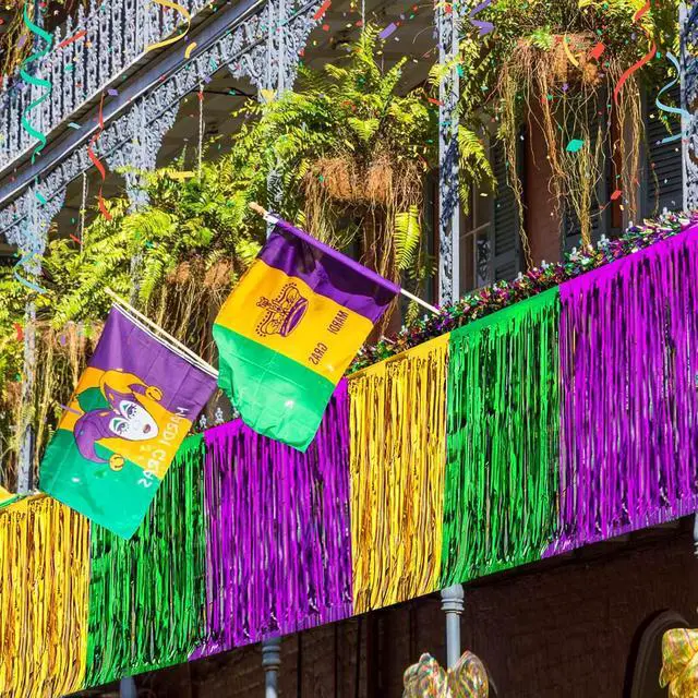 Alt view image 3 of 7 - 2Pack Mardi Gras Fringe Table Skirt, 2.5 x 9 ft | Mardi Gras Decorations, Green Purple Gold Metallic Tinsel Foil Fringe Curtains, Birthday Table Photo Background