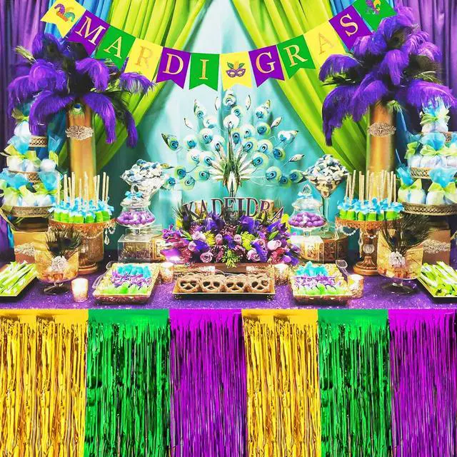 Alt view image 4 of 7 - 2Pack Mardi Gras Fringe Table Skirt, 2.5 x 9 ft | Mardi Gras Decorations, Green Purple Gold Metallic Tinsel Foil Fringe Curtains, Birthday Table Photo Background