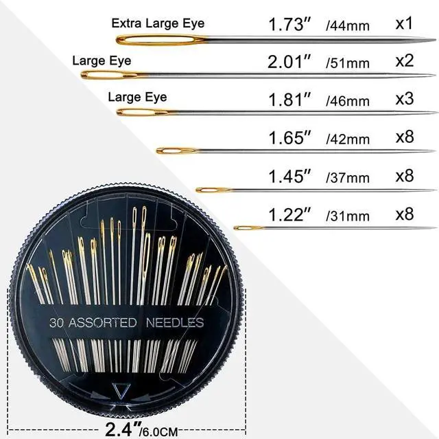 Alt view image 3 of 7 - Premium 30/60 Pack Sewing Needles for Hand Sewing Repair with 2 Threaders, 6 Sizes Assorted Large Eye Stitching Needles for Embroidery and Handsewing