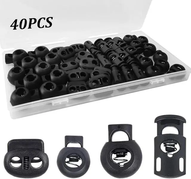 Main image of 40Pcs Cord Lock, Plastic Cord Locks for Drawstrings, Black Spring Toggle Stopper with 4 Sizes, Elastic Cord Adjuster Shoelace Fastener Lock for Drawstring, Paracord, Shoelaces, Clothing and Bags
