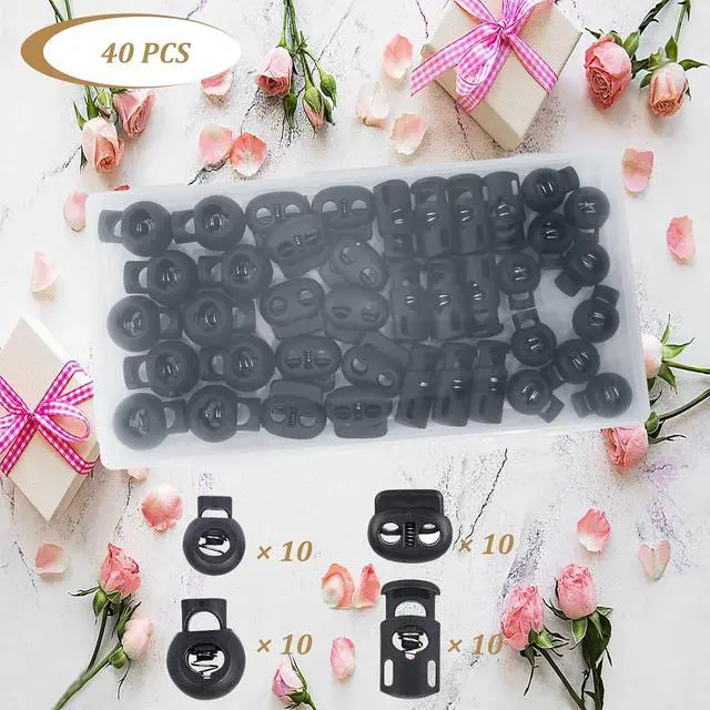 Alt view image 7 of 7 - 40Pcs Cord Lock, Plastic Cord Locks for Drawstrings, Black Spring Toggle Stopper with 4 Sizes, Elastic Cord Adjuster Shoelace Fastener Lock for Drawstring, Paracord, Shoelaces, Clothing and Bags
