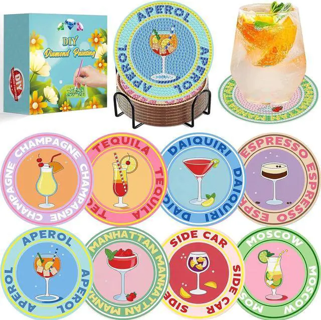 Main image of Cocktail Diamond Art Coasters Kits, Diamond Painting Coasters with Holder | DIY Cocktail Coaster Gem Art Crafts Supplies for Adults Beginners Set of 8, Cup Mat with Nice Gift Box for Home Decor 3.9 in
