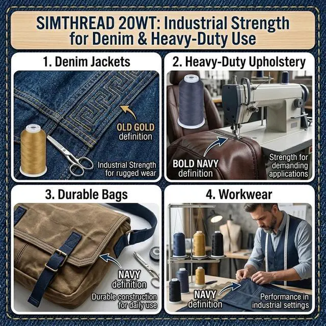 Alt view image 6 of 7 - Simthread Heavy Duty Blue Jeans Thread 20 Weight 3-Ply for Denim Sewing | Core-Spun Polyester, 67 Meters 6 Colors Pack for Household Thick Fabric