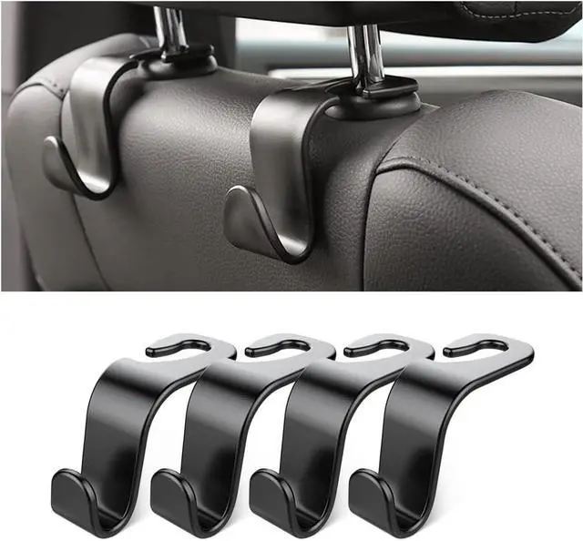 Main image of 4 Pack Curved Headrest Hooks for Vehicle Seats, Black Style 2 | rear-row hanging storage, supports bags coats and groceries, fits matching headrest posts, interior accessory