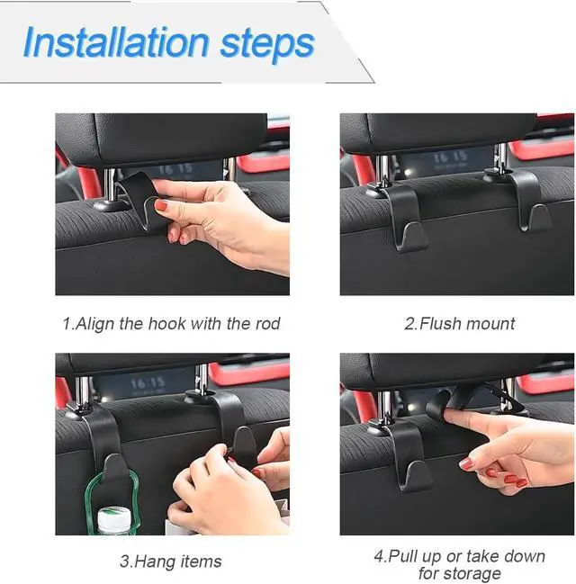 Alt view image 4 of 7 - 4 Pack Curved Headrest Hooks for Vehicle Seats, Black Style 2 | rear-row hanging storage, supports bags coats and groceries, fits matching headrest posts, interior accessory