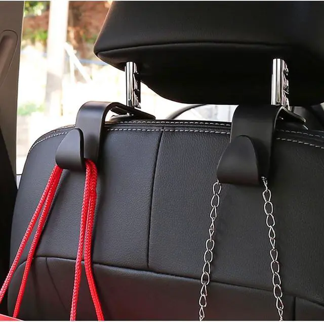 Alt view image 6 of 7 - 4 Pack Curved Headrest Hooks for Vehicle Seats, Black Style 2 | rear-row hanging storage, supports bags coats and groceries, fits matching headrest posts, interior accessory