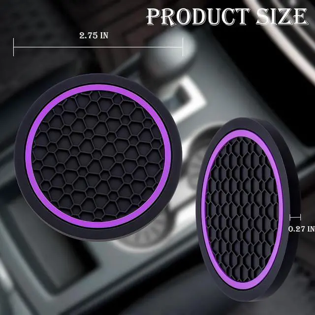Alt view image 2 of 7 - 2-Piece Anti-Slip Car Cup Coaster Set 2.75 Inch Auto Insert Drink Mats, Perfect for Coffee & Beverages Stylish Interior Decor for Women & Girls (Black & Purple)