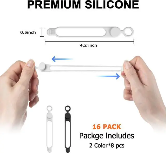 Alt view image 2 of 6 - Silicone Cable Ties, Cord Organizer Cable Management, Black White | Reusable Cord Ties for Electronics, Office Desk Accessories, Home Travel Essentials, Easy to Use, 4.2 Inch-16 Pack