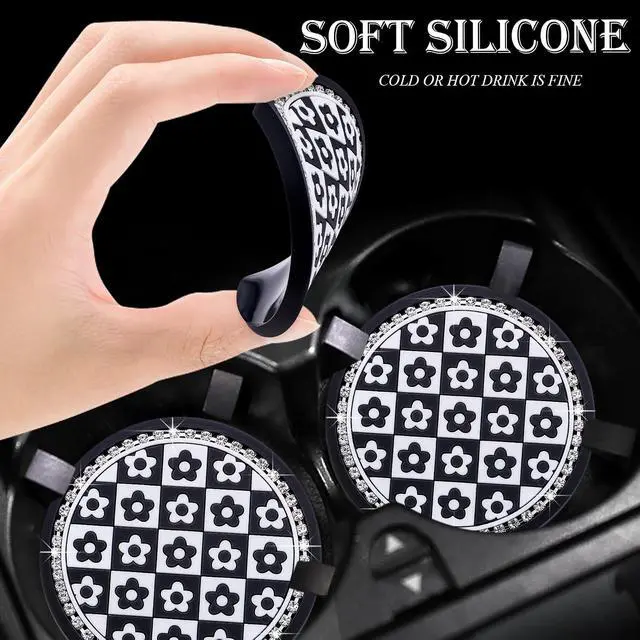 Alt view image 4 of 7 - 2-Pack Bling Cup Holder Coasters for Cars 2.75 Inch Silicone Inserts Anti-Slip, Shockproof Decorative Vehicle Accessories for Women & Girls (Little flowerr)