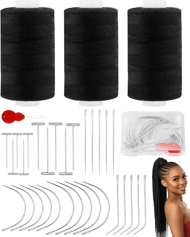 Main image of FIVEIZERO 450yd Black Sew in Hair Extension Thread and 30pcs T/C/J/I Needle | 3 Rolls Hair Thread;4-ply polyester weaving thread;Hair Weave Threads for Hair Extensions,Hand Sewing & Making Wigs DIY