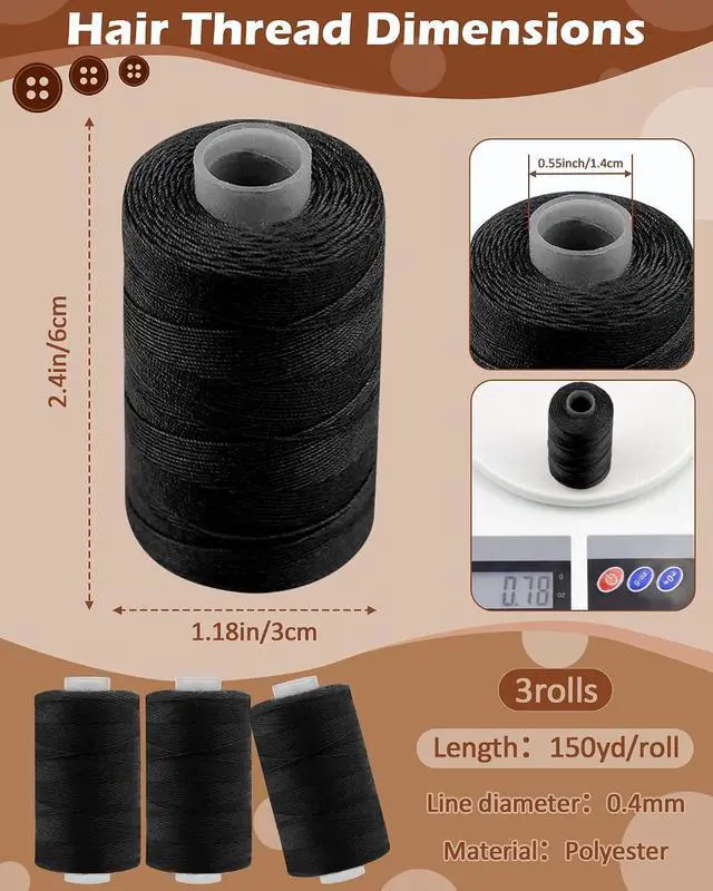 Alt view image 2 of 6 - FIVEIZERO 450yd Black Sew in Hair Extension Thread and 30pcs T/C/J/I Needle | 3 Rolls Hair Thread;4-ply polyester weaving thread;Hair Weave Threads for Hair Extensions,Hand Sewing & Making Wigs DIY