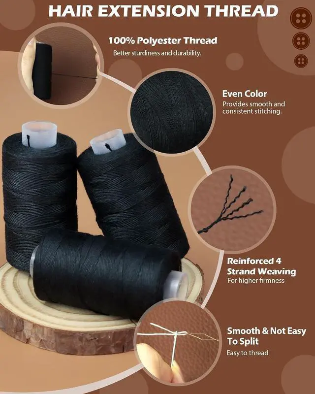 Alt view image 4 of 6 - FIVEIZERO 450yd Black Sew in Hair Extension Thread and 30pcs T/C/J/I Needle | 3 Rolls Hair Thread;4-ply polyester weaving thread;Hair Weave Threads for Hair Extensions,Hand Sewing & Making Wigs DIY