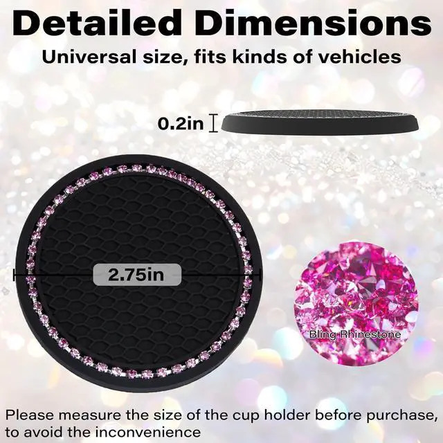 Alt view image 2 of 7 - BFXM 2 PCS Bling Cup Holder Coasters for Car 2.75 inch (Pink Diamond) | Car Accessories for Women Diamond Universal Non-Slip Silicone Cup Holder Coasters, Sparkly Bling