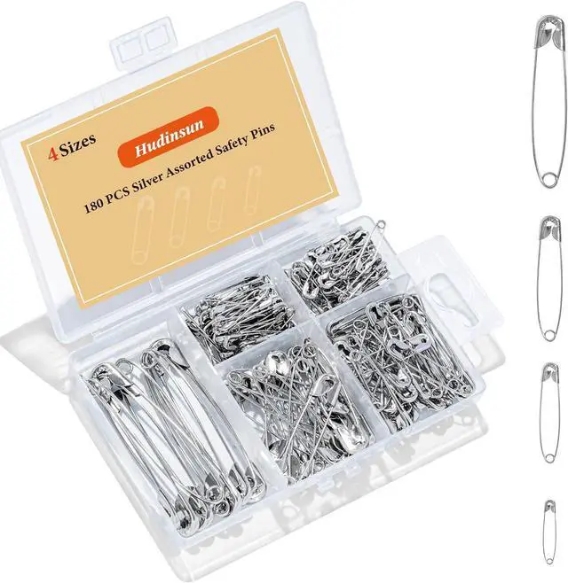 Main image of Hudinsun 180 PCS 4 Different Sizes Silver Safety Pins Assorted, Small and Large Safety Pins Bulk for Clothes and Sewing