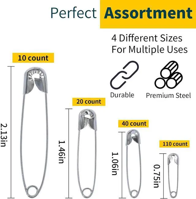 Alt view image 2 of 6 - Hudinsun 180 PCS 4 Different Sizes Silver Safety Pins Assorted, Small and Large Safety Pins Bulk for Clothes and Sewing