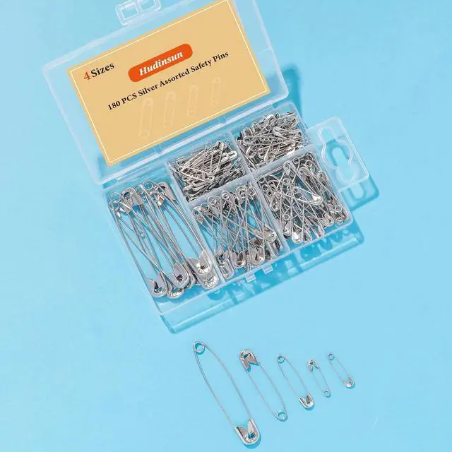 Alt view image 4 of 6 - Hudinsun 180 PCS 4 Different Sizes Silver Safety Pins Assorted, Small and Large Safety Pins Bulk for Clothes and Sewing