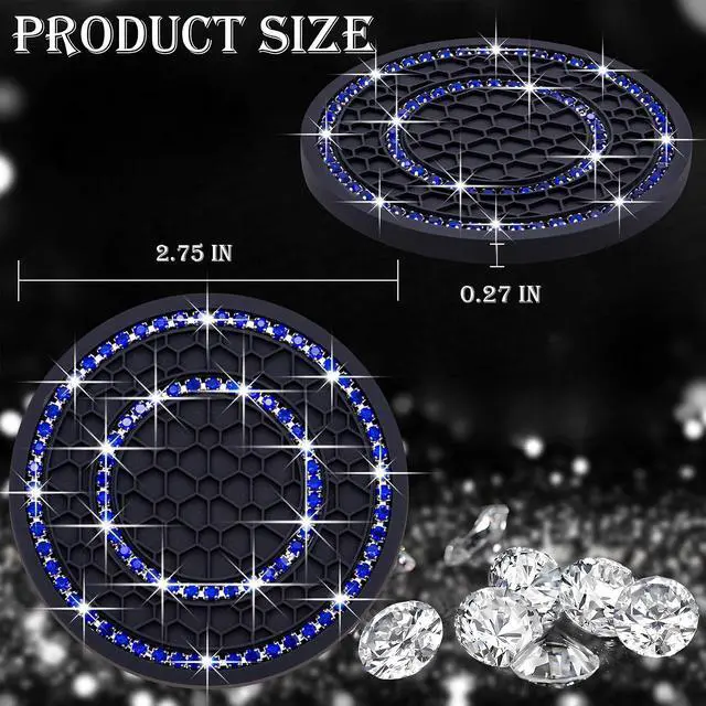 Alt view image 2 of 7 - 2PCS Bling Crystal Rhinestone Cup Holder Coaster, 2.75 inch Soft Silicone Anti-Slip Shockproof, Car Cup Holder Insert Coasters, Universal Car Interior Accessories for Women (Black & Blue)