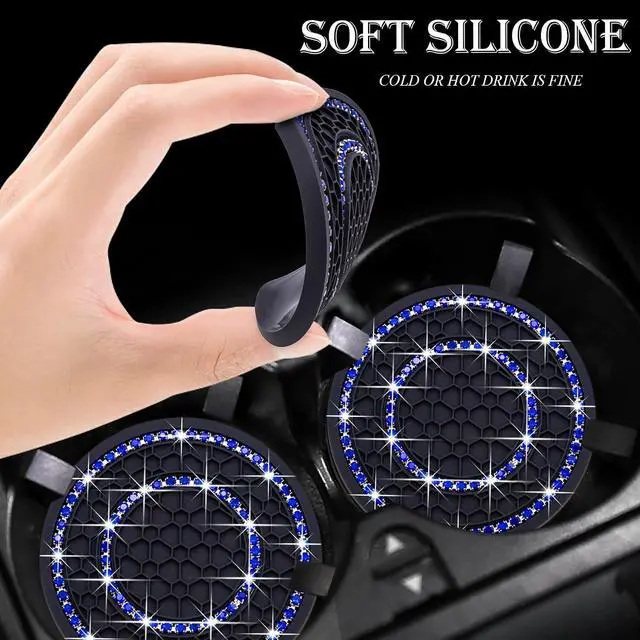 Alt view image 4 of 7 - 2PCS Bling Crystal Rhinestone Cup Holder Coaster, 2.75 inch Soft Silicone Anti-Slip Shockproof, Car Cup Holder Insert Coasters, Universal Car Interior Accessories for Women (Black & Blue)