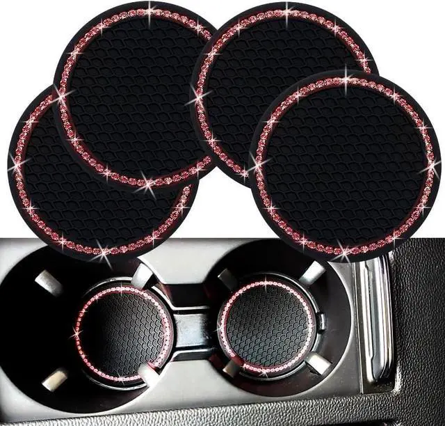 Main image of Bling Car Cup Coaster, 2.75 Inch Anti Slip Shockproof Embedded Drink Mat, Dustproof Automotive Interior Accessories Mat, Universal for Vehicles, Trucks, RVs and More (Pink Crystal 4 PCS)