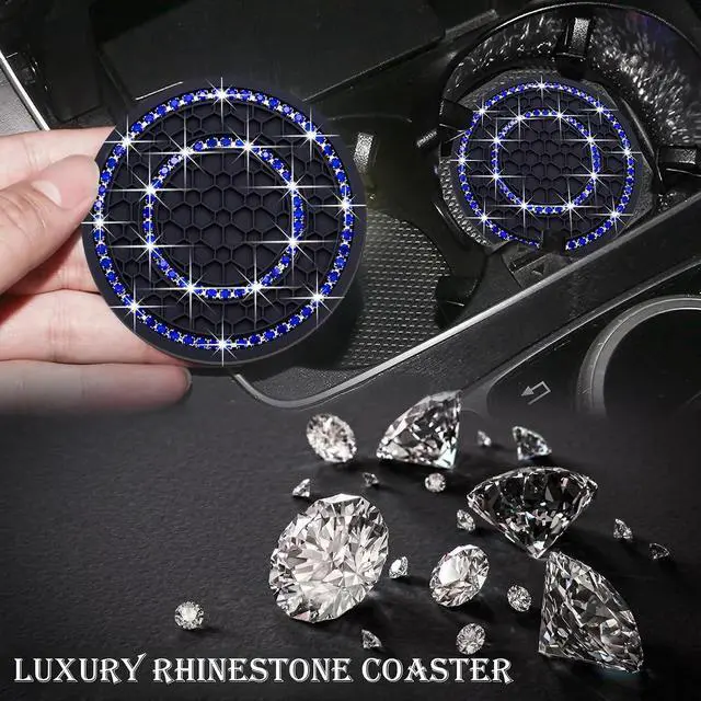 Alt view image 6 of 7 - 2PCS Bling Crystal Rhinestone Cup Holder Coaster, 2.75 inch Soft Silicone Anti-Slip Shockproof, Car Cup Holder Insert Coasters, Universal Car Interior Accessories for Women (Black & Blue)