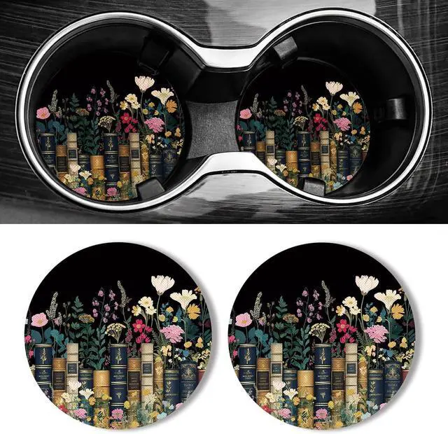 Main image of WOCOCN Car Coasters for Cup Holders - 2 Pack 2.75" Universal Rubber | Car Cup Coaster, Non-Slip Waterproof Car Interior Accessories, Cute Car Decor Gifts for Women and Men, Books & Flowers