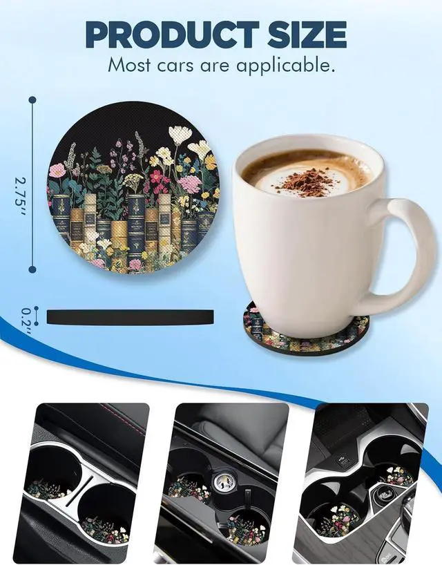 Alt view image 6 of 6 - WOCOCN Car Coasters for Cup Holders - 2 Pack 2.75" Universal Rubber | Car Cup Coaster, Non-Slip Waterproof Car Interior Accessories, Cute Car Decor Gifts for Women and Men, Books & Flowers