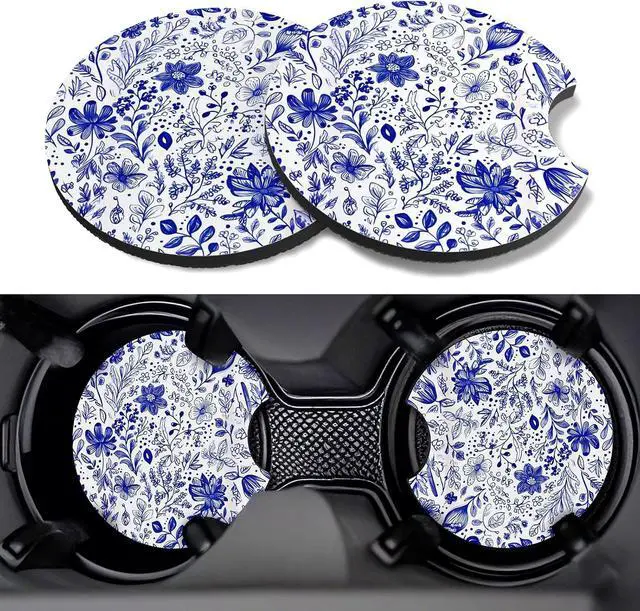 Main image of Car Cup Coasters,2 Pack Car Coaster, Blue and White Flower | 2.75inch Anti Slip and Absorbent Cars Coasters for Cup Holders,Car Accessories for Women,Cute Decor for Women
