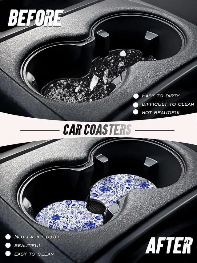 Alt view image 4 of 6 - Car Cup Coasters,2 Pack Car Coaster, Blue and White Flower | 2.75inch Anti Slip and Absorbent Cars Coasters for Cup Holders,Car Accessories for Women,Cute Decor for Women