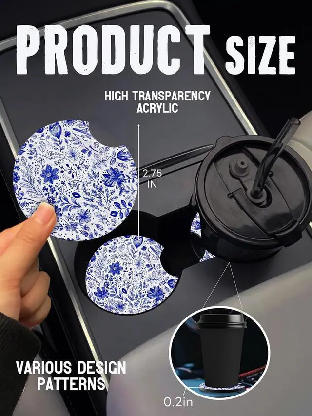 Alt view image 5 of 6 - Car Cup Coasters,2 Pack Car Coaster, Blue and White Flower | 2.75inch Anti Slip and Absorbent Cars Coasters for Cup Holders,Car Accessories for Women,Cute Decor for Women
