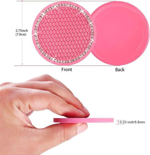 Alt view image 3 of 7 - 2PCS Bling Car Cup Coaster, 2.75 Inch Auto Cup Holder Insert Coasters Silicone Anti-Slip Crystal Rhinestone Drink Mat, Universal Vehicle Interior Accessories for Women Girls (Pink)