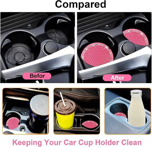 Alt view image 2 of 7 - 2PCS Bling Car Cup Coaster, 2.75 Inch Auto Cup Holder Insert Coasters Silicone Anti-Slip Crystal Rhinestone Drink Mat, Universal Vehicle Interior Accessories for Women Girls (Pink)