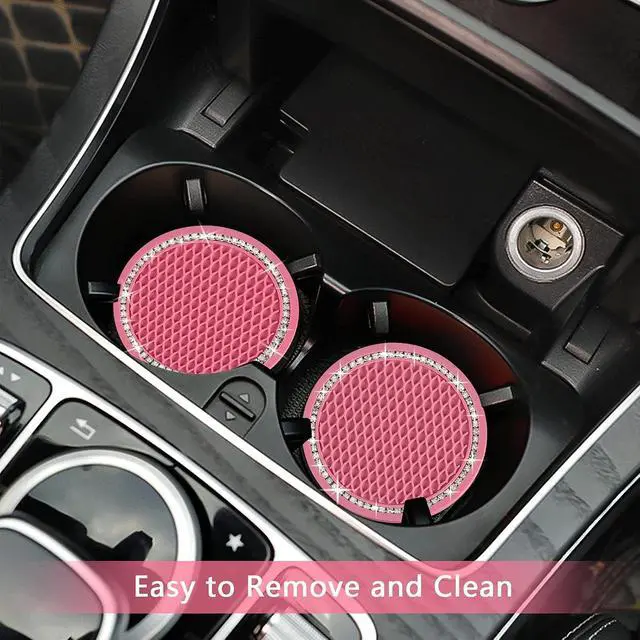 Alt view image 6 of 7 - 2PCS Bling Car Cup Coaster, 2.75 Inch Auto Cup Holder Insert Coasters Silicone Anti-Slip Crystal Rhinestone Drink Mat, Universal Vehicle Interior Accessories for Women Girls (Pink)