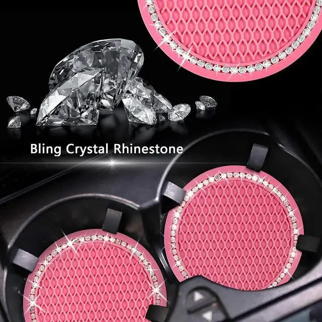 Alt view image 5 of 7 - 2PCS Bling Car Cup Coaster, 2.75 Inch Auto Cup Holder Insert Coasters Silicone Anti-Slip Crystal Rhinestone Drink Mat, Universal Vehicle Interior Accessories for Women Girls (Pink)