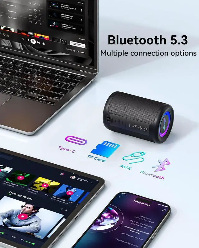 Alt view image 5 of 6 - LENRUE Small Portable Bluetooth Speaker with Lights, TWS Stereo Surround Sound, Type C Powered, Bluetooth 5.3, AUX TF Card Input, Wireless for Outdoor Home, Coolest Gifts