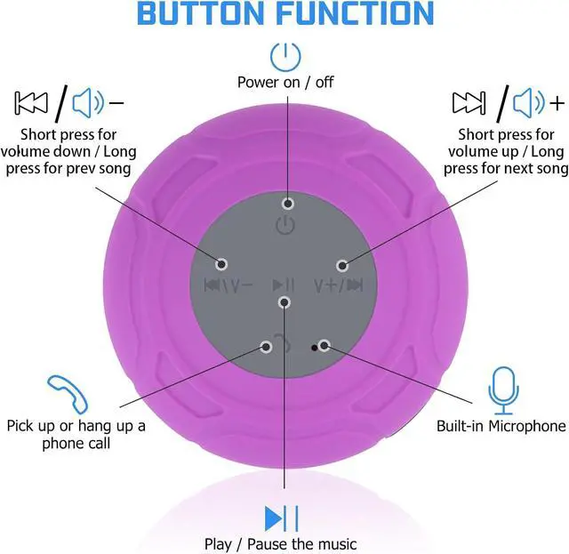 Alt view image 4 of 6 - Bluetooth Shower Speaker Waterproof Portable Wireless Water-Resistant Speaker Suction Cup,Built-in Mic Speakerphone for iPhone Phone Tablet Bathroom Kitchen - Purple
