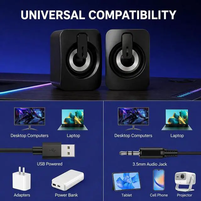 Alt view image 5 of 7 - Computer Speakers for Desktop,Portable PC Monitor Speaker,Mini Speakers | for Desktop,Laptop,Small USB Speaker With Stereo Sound, 2 Ports,2 Speaker Units,Easy Volume Control