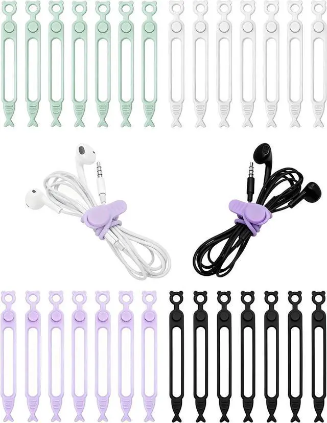 Main image of 28 Pcs Silicone Cable Ties Reusable, Cable Cord Organizer Straps | 4 Color Cable Straps for Charging Wire, Computer Cords