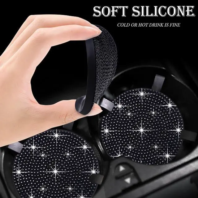 Alt view image 4 of 7 - 2PCS Bling Cup Holder Coaster, 2.75 inch Full Crystal Rhinestone Silicone Anti-Slip Shockproof, Universal Non-Slip Recessed Car Interior Accessories (Black)