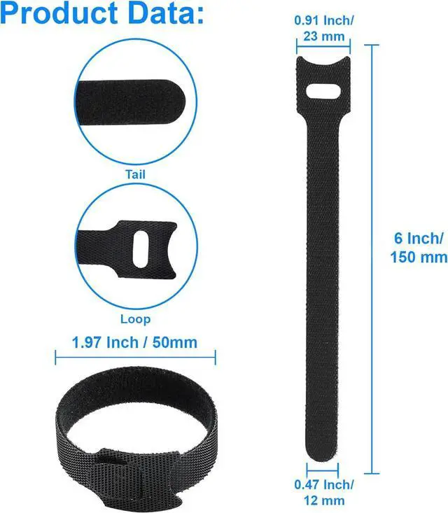 Alt view image 3 of 6 - California JOS 60 PCS 6 Inches Reusable Cable Ties, Adjustable Cord Straps, Cable Organizer, Cord Wrap and Hook Loop Cords Management - Black