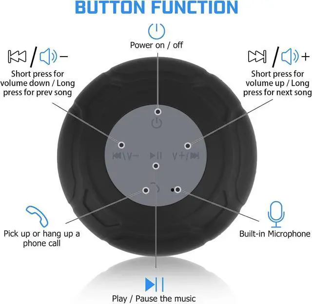 Alt view image 4 of 6 - Waterproof Bluetooth Shower Speaker Portable Wireless Water-Resistant Speaker Suction Cup,Built-in Mic Gifts for Kids Speakerphone for iPhone Phone Tablet Bathroom Kitchen - Black
