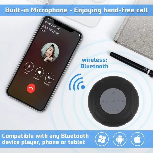 Alt view image 3 of 6 - Waterproof Bluetooth Shower Speaker Portable Wireless Water-Resistant Speaker Suction Cup,Built-in Mic Gifts for Kids Speakerphone for iPhone Phone Tablet Bathroom Kitchen - Black
