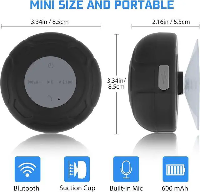 Alt view image 5 of 6 - Waterproof Bluetooth Shower Speaker Portable Wireless Water-Resistant Speaker Suction Cup,Built-in Mic Gifts for Kids Speakerphone for iPhone Phone Tablet Bathroom Kitchen - Black